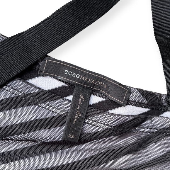 BCBGMaxAzria Black & White Striped Ruched Mesh Bodycon Dress, sz XS - Picture 6 of 14